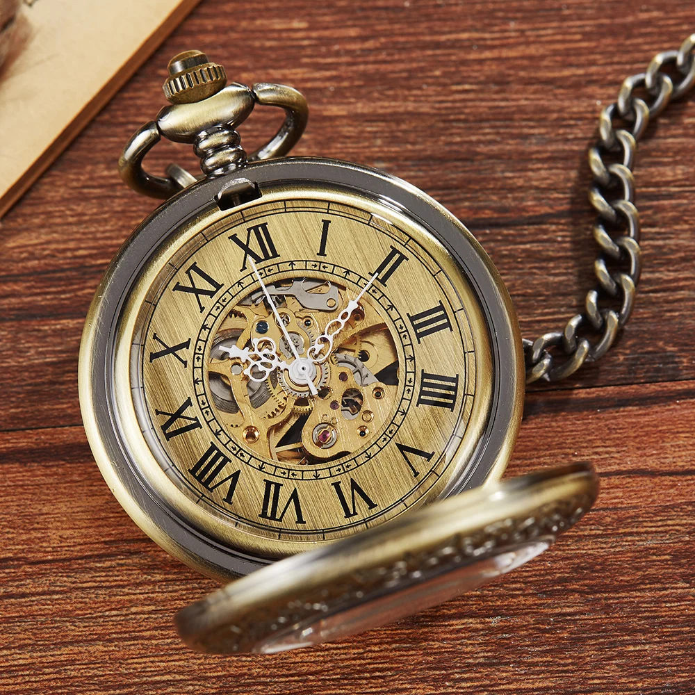 Jam tangan saku mekanis pria wanita, arloji Dial Romawi berongga Steampunk kreatif kalung hadiah Fob rantai reloj hombre