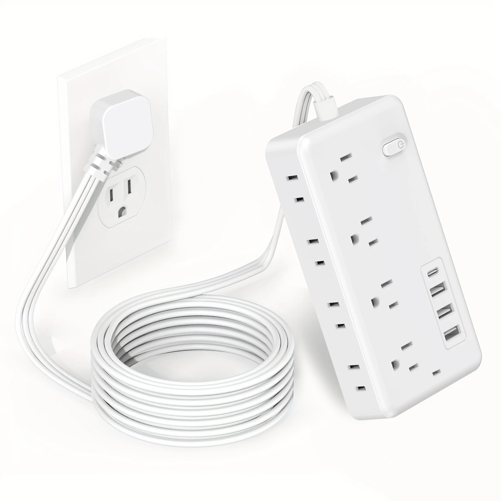 12 in 1 surge protector power board with 8AC socket and 4USB | 5FT multi plug socket extender with flat plug design, US plug