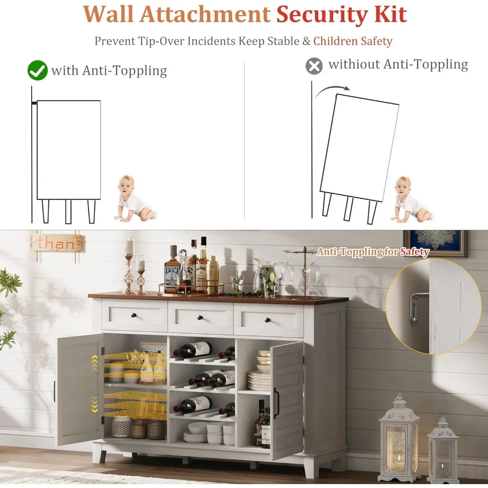 خزانة بوفيه على طراز المزرعة الريفية، عريضة 53.5 و36 مرتفعة، تتميز بـ 3 أدراج، ومساحة تخزين، ورف نبيذ قابل للعكس #6