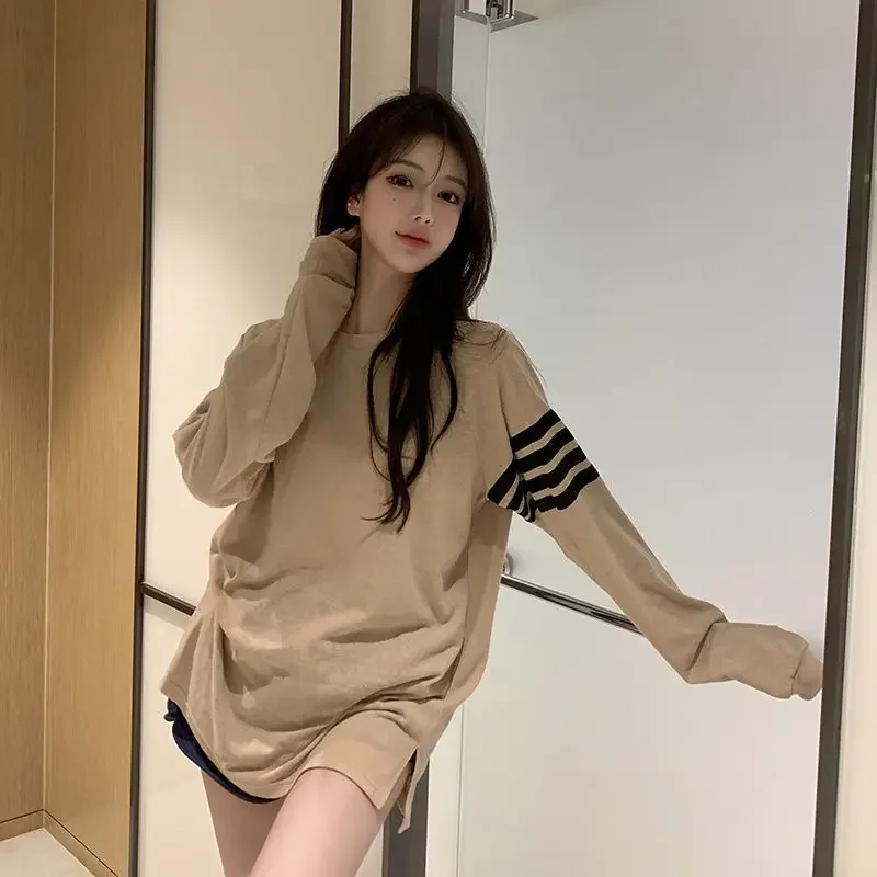 Net Yarn Striped Patchwork T Shirt Tops Summer Thin Long Sleeve Round Neck Loose All-match Pullovers Casual Korean Women Clothes