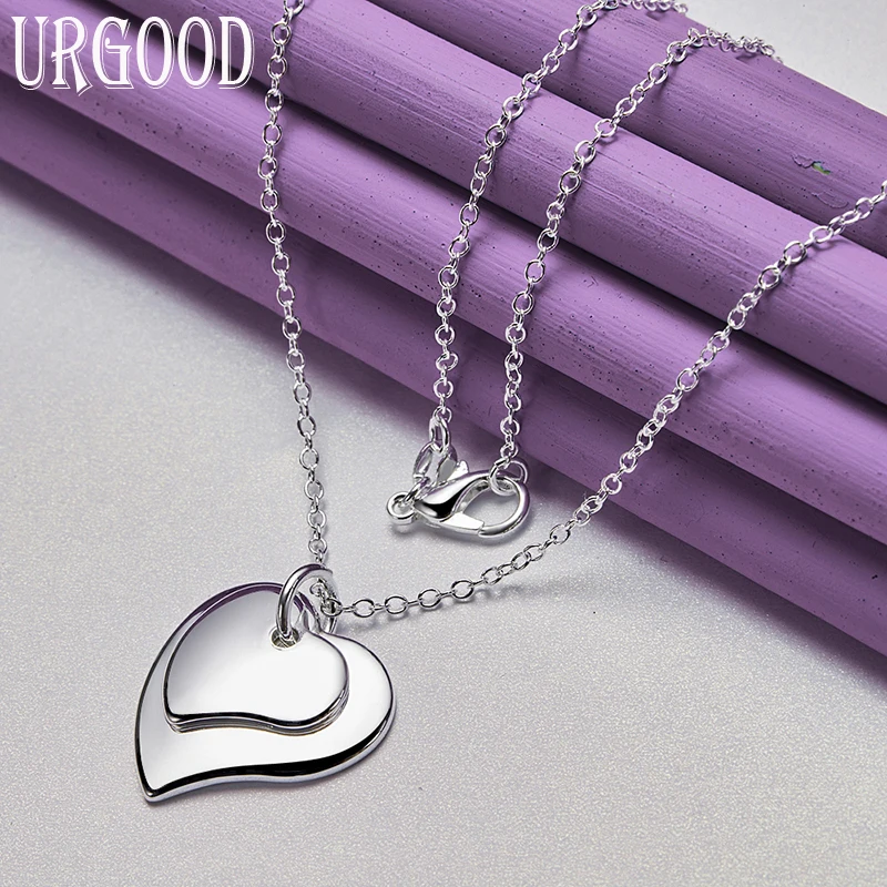 

925 Sterling Silver Double Layer Heart Shape Pendant Necklace 16-30 Inch Chain For Women Party Engagement Fashion Jewelry Gift