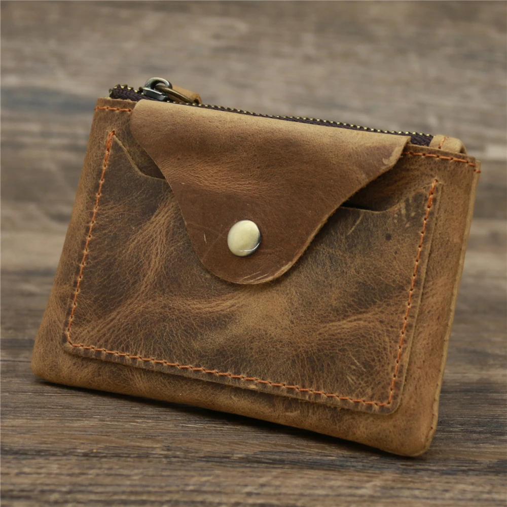 Monedero de cuero genuino Vintage hecho a mano para hombres y mujeres, monedero informal con cremallera, tarjetero, carteras de cuero de vaca