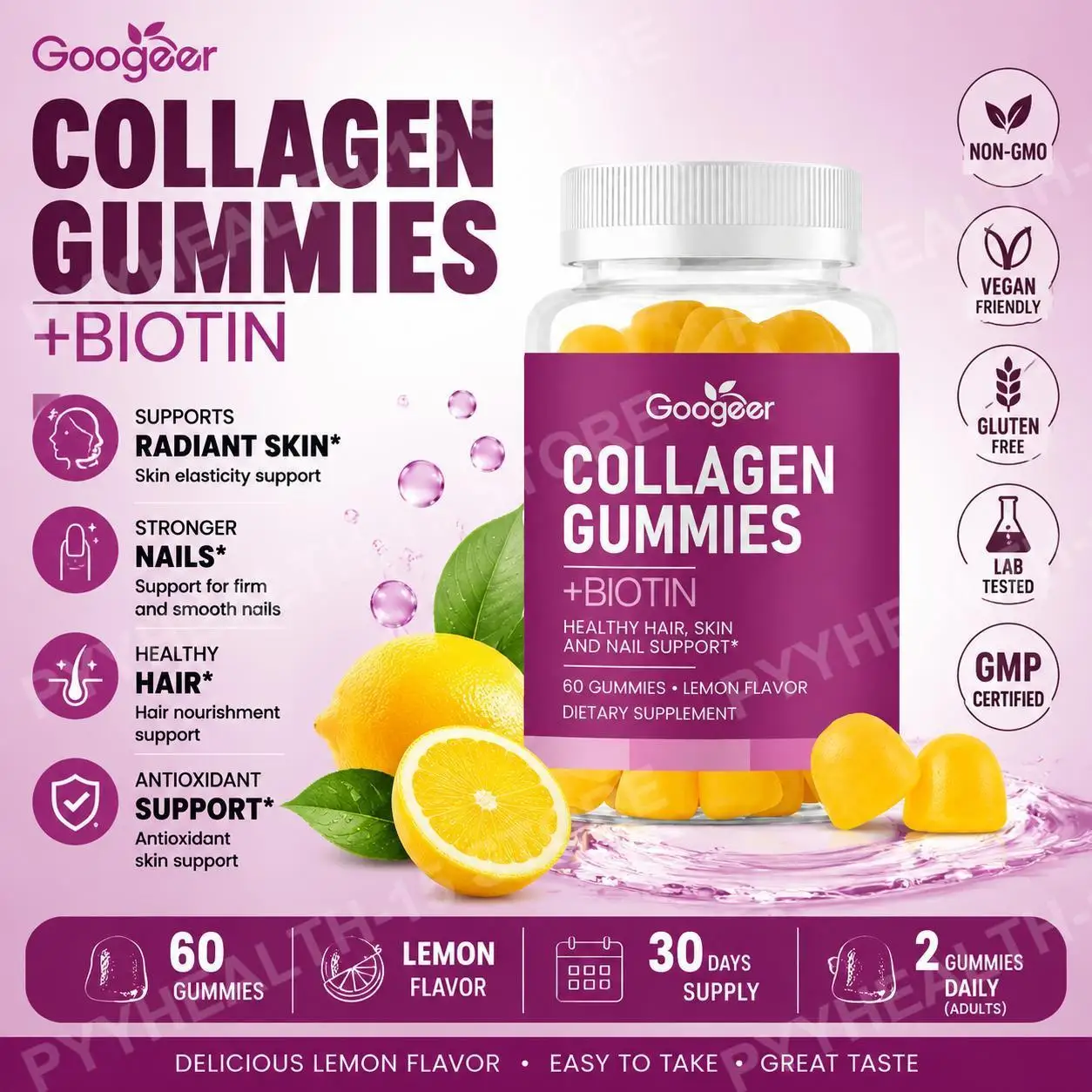 Googeer Collagen Gummies with Biotin Vitamin C Vitamin E Zinc, Lemon Flavor Hair Skin Nails Daily Beauty Support, 60 Gummies