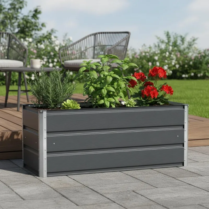 Jardinière en acier anthracite 100x40x45 cm intérieur/extérieur, pot de jardin rectangulaire design industriel pour patio