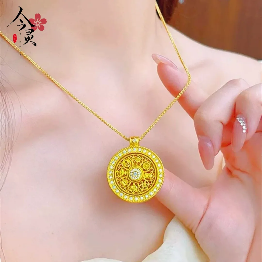 Luxury 24K 9999 Pure Gold real gold Gold shop with diamond eight treasure compass pendant necklace