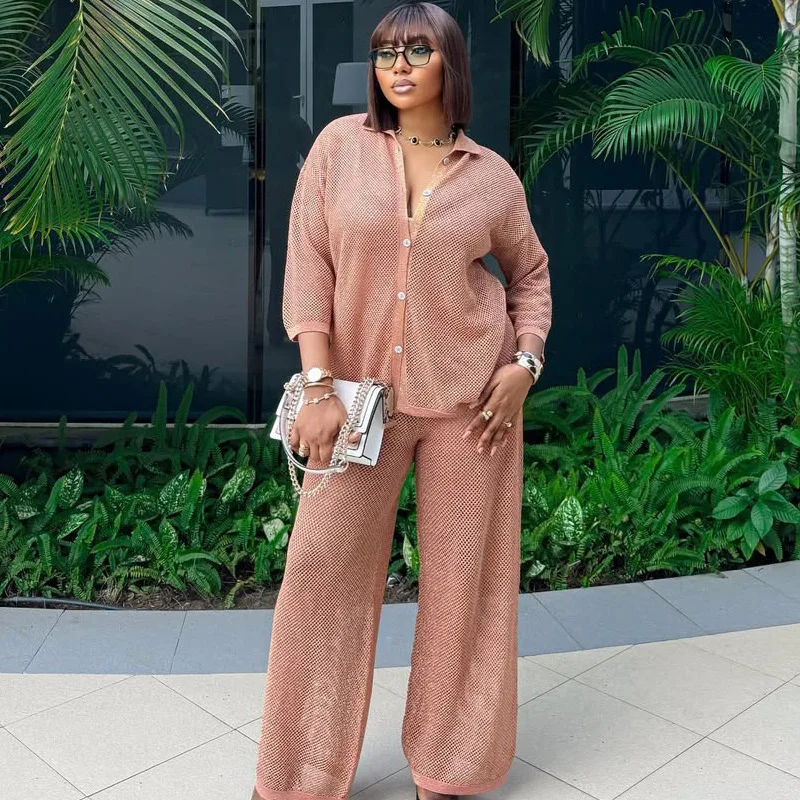 

Pants Set Women Two Piece Sets Thin Matching Sets Y2k Streetwear Elegant Work Shirt Long Pants High Waist Casual Loose Maxi