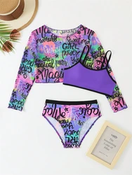 Bikini Kids Girls Swimsuit 2026 New Purple Letter Sling Mesh Long Sleeve Children Bikinis Set Swimwear Summer Beach Bathing Suit