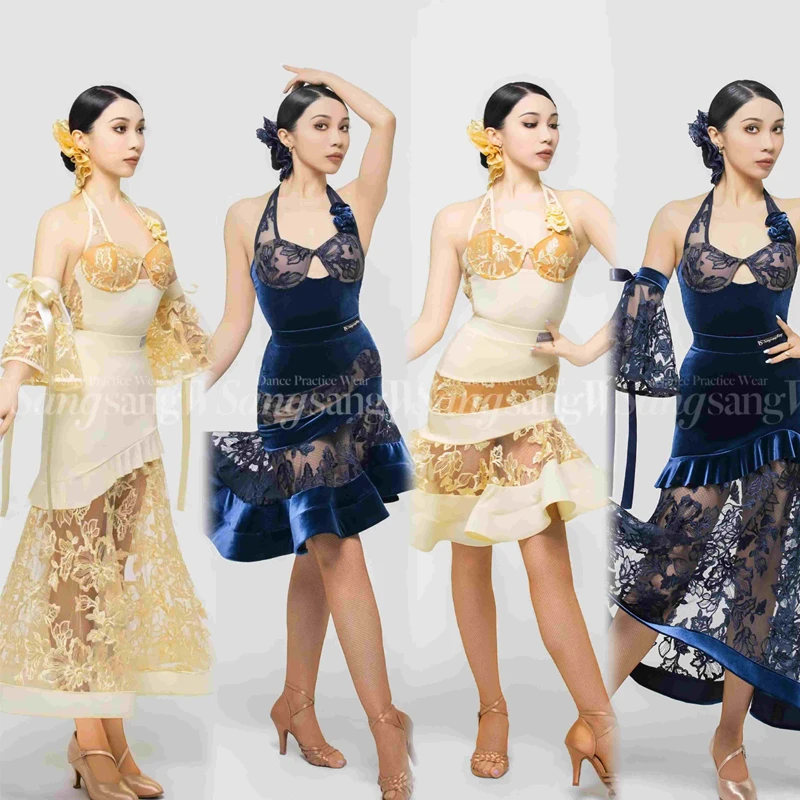 

Взрослый вальс, одежда для соревнований по бальным танцам, женская сетчатая бархатная верхняя юбка, костюм для соревнований по латинским танцам, сценическая одежда SL13624