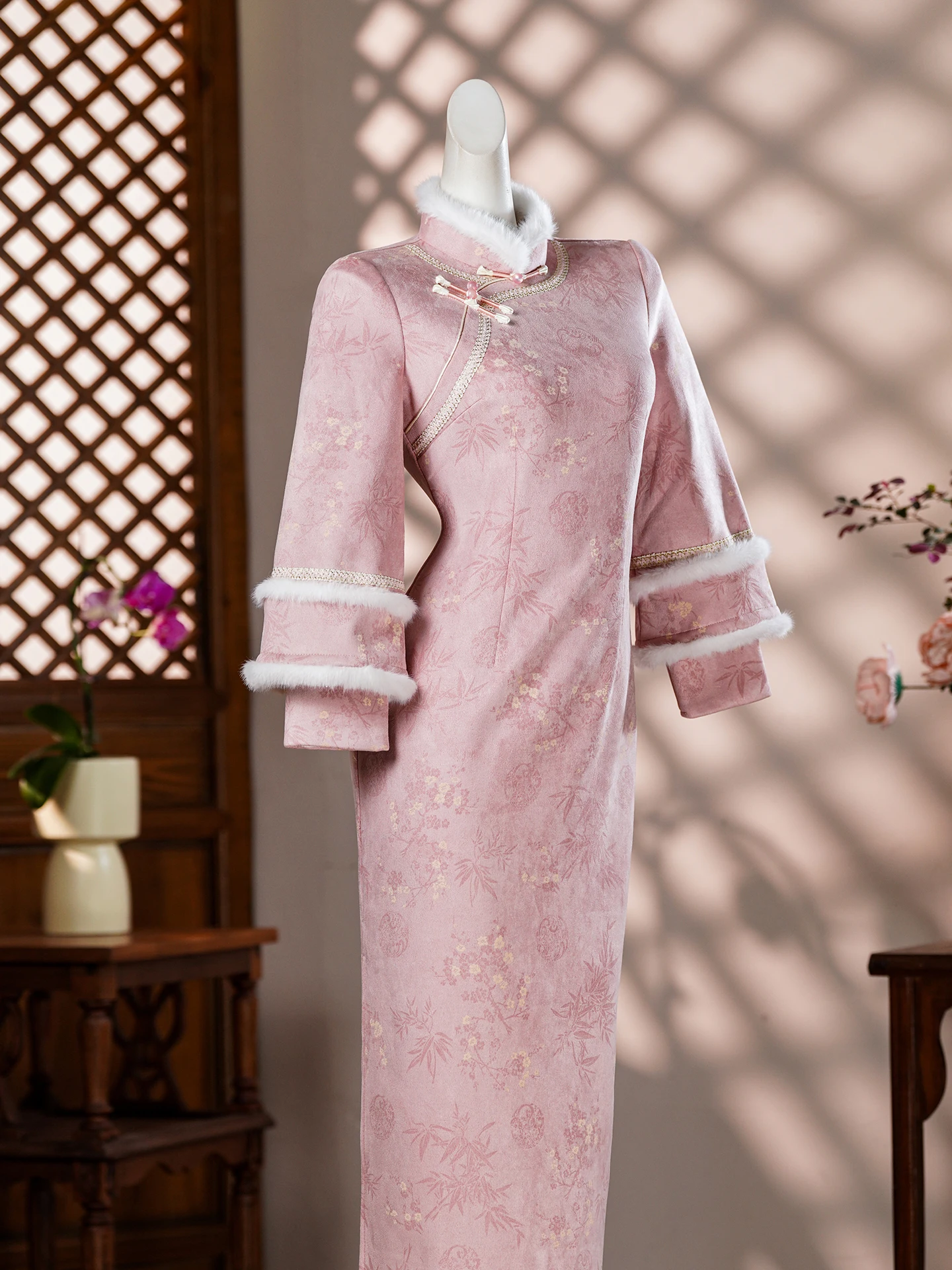 

Розовое утепленное платье с флисовой подкладкой, винтажное, с длинными рукавами, средней длины, с цветочным узором, для повседневной носки, для помолвки