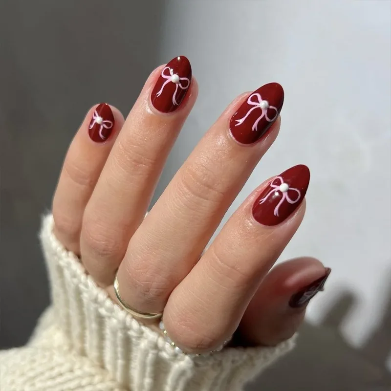 

24pcs Red Short Nail Tips Pink Bow Decorations for Nails Simple Fake Press on Nails for Gluing False Nails with Glue Self-nail