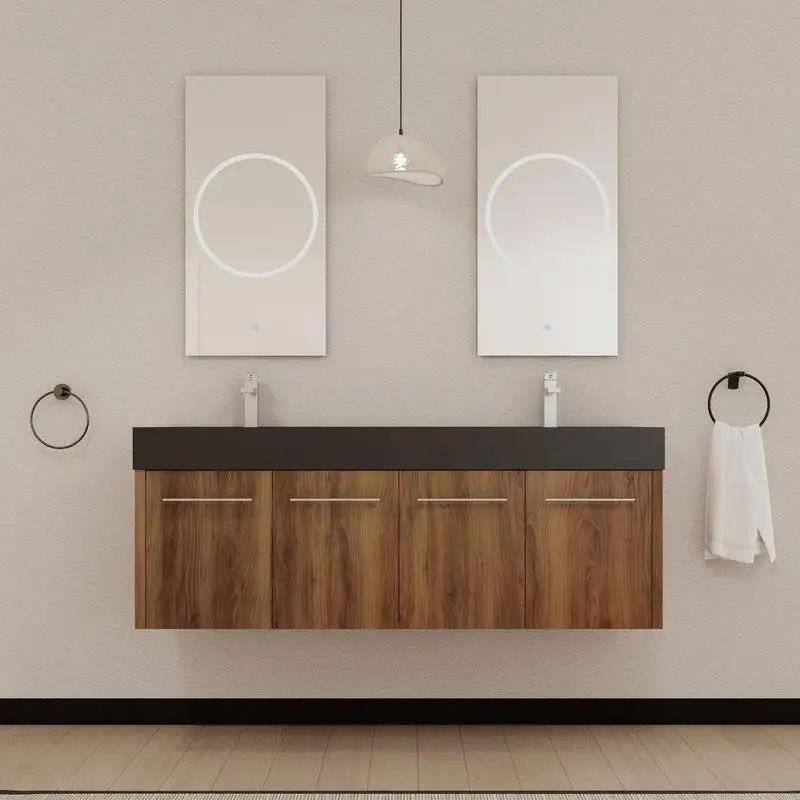 

60" Wall-Mounted Bath Vanity w/ Sink, Thick Edged Dual Black Resin Sink, KD Package, Modern Design, Space Saver, Easy Install,
