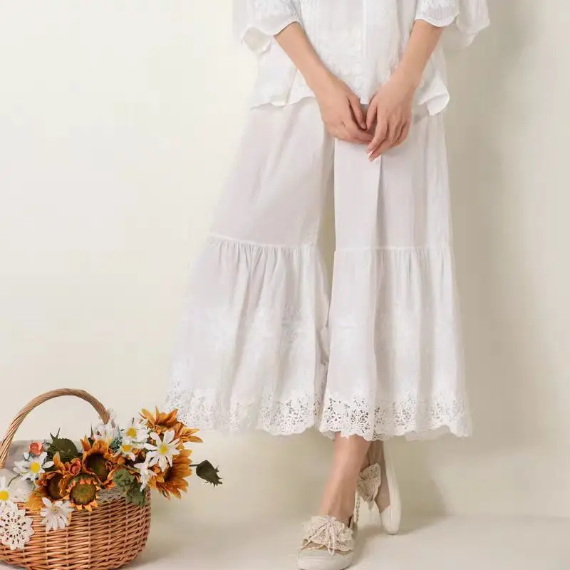 New Japanese Style Mori Girl Sweet Wide-Leg Pants Versatile Cropped Pants Elastic Waist Loose Patchwork Water-Soluble Embroidery Flared Pants