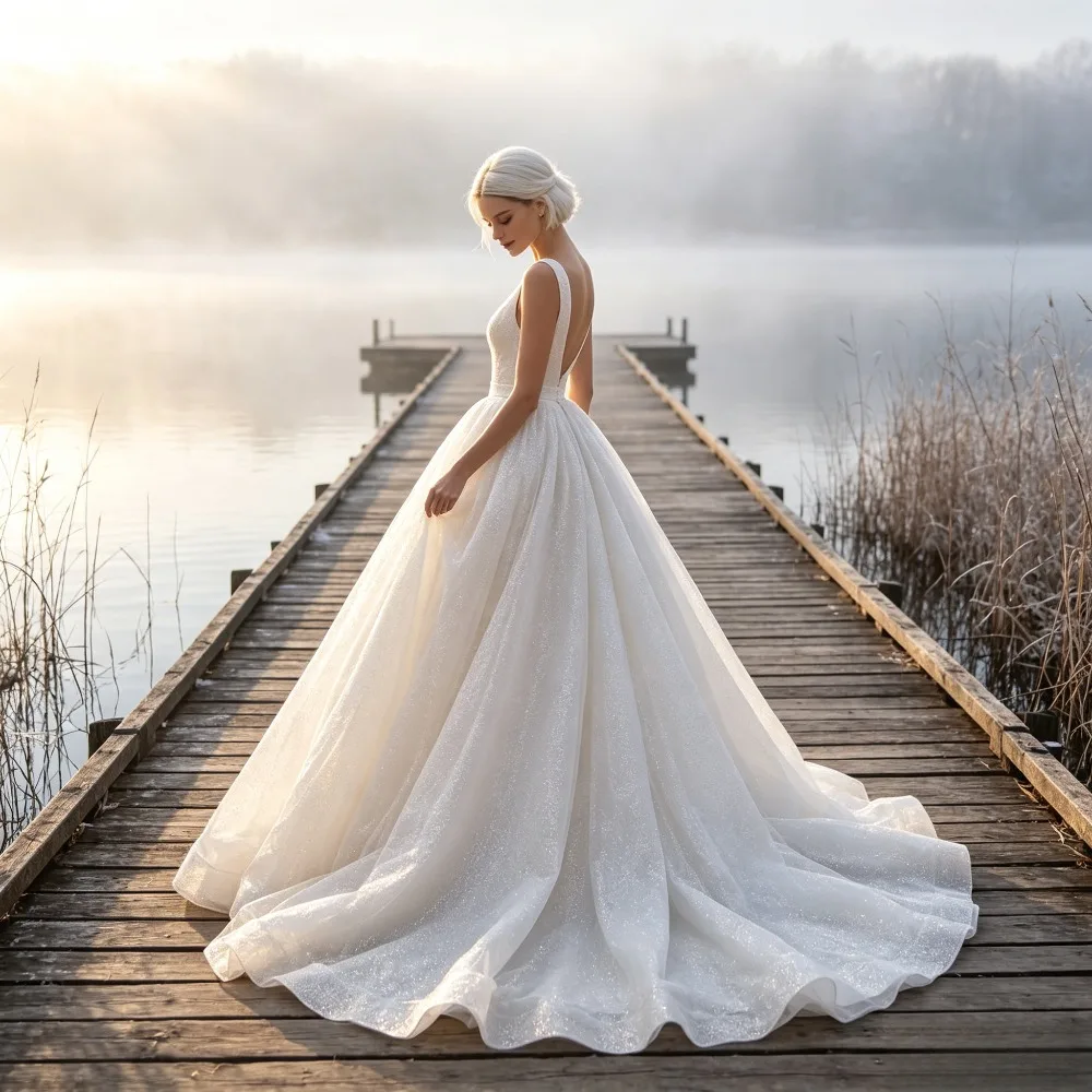 Customized Minimalist V-neck Sleeveless Sparkling Wedding Dresses Zipper Back 2026 New White Backless Fluffy A-line Bridal Gown