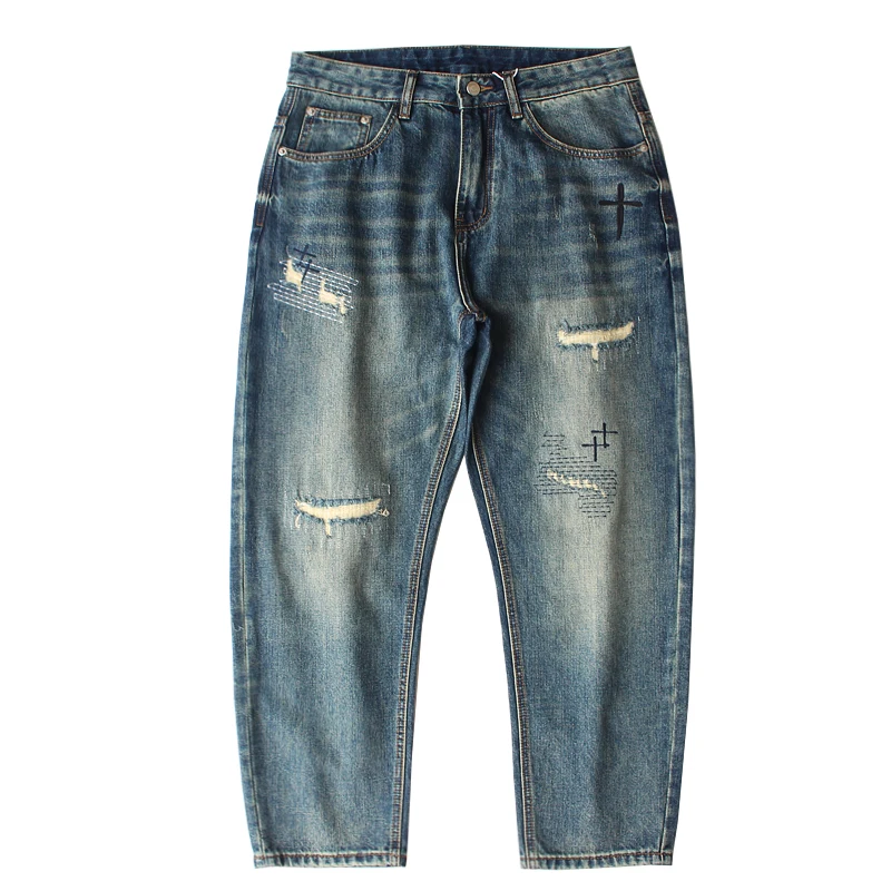 

Men's Spring/Fall Stitched-Patch Jeans - American Vintage Casual Loose Straight Leg Plus Size Washed Denim Pants (Trendy Brand)