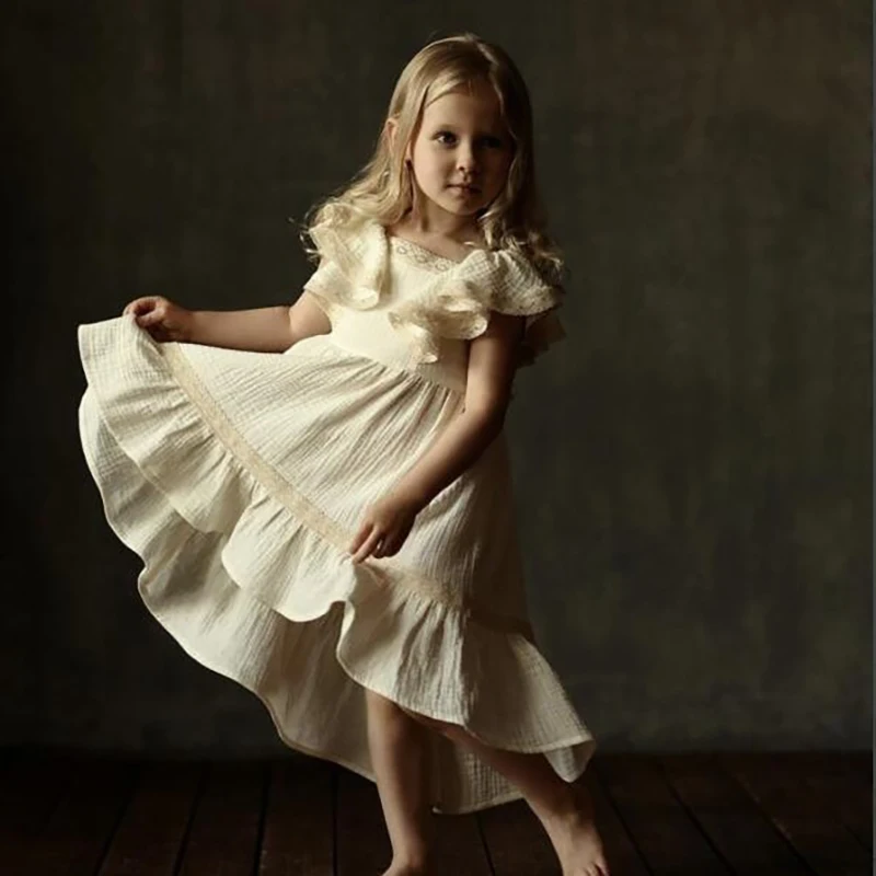 

2024 Russian Summer puff sleeve Gauze Girls Cotton Hemp Lace Lace Festival Party Princess Dress kids Birthday Gifts Clothing