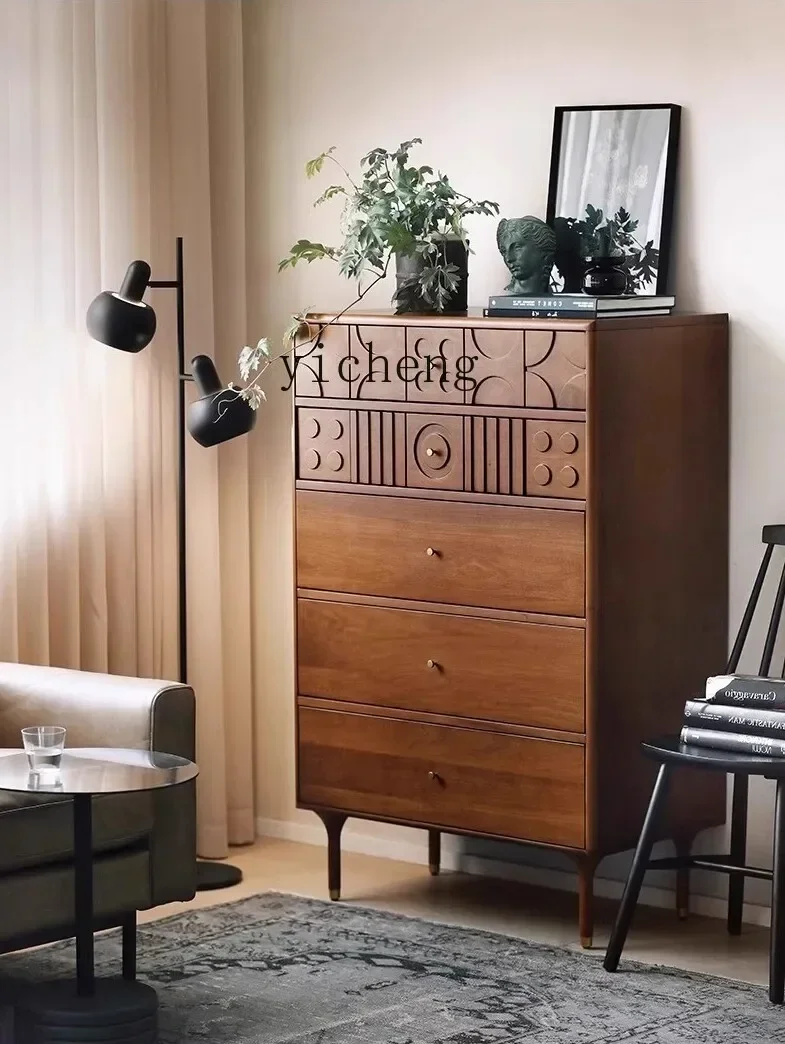 v9.9-retro solid wood chest of drawers carved bedroom medieval living room Nordic expression dining side cabinet
