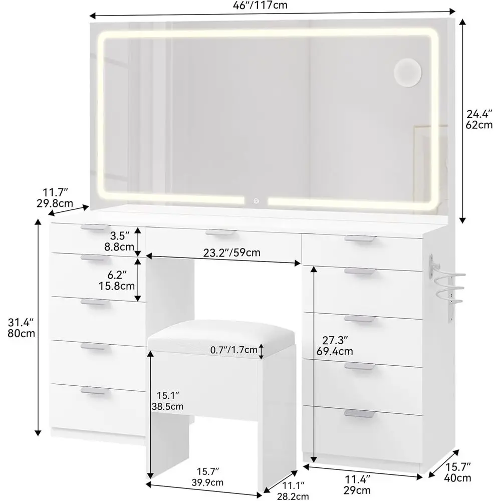 Tavolo da toeletta bianco da 46 LED con 11 cassetti, sedile imbottito, presa di corrente e specchio ingranditore