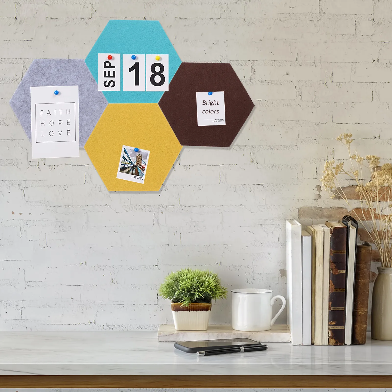 8Pcs Felt Hexagon Wall Boards Multi- -Adhesive Tile Board Memo Notice Bulletin Display Felt Hexagon Tile Board
