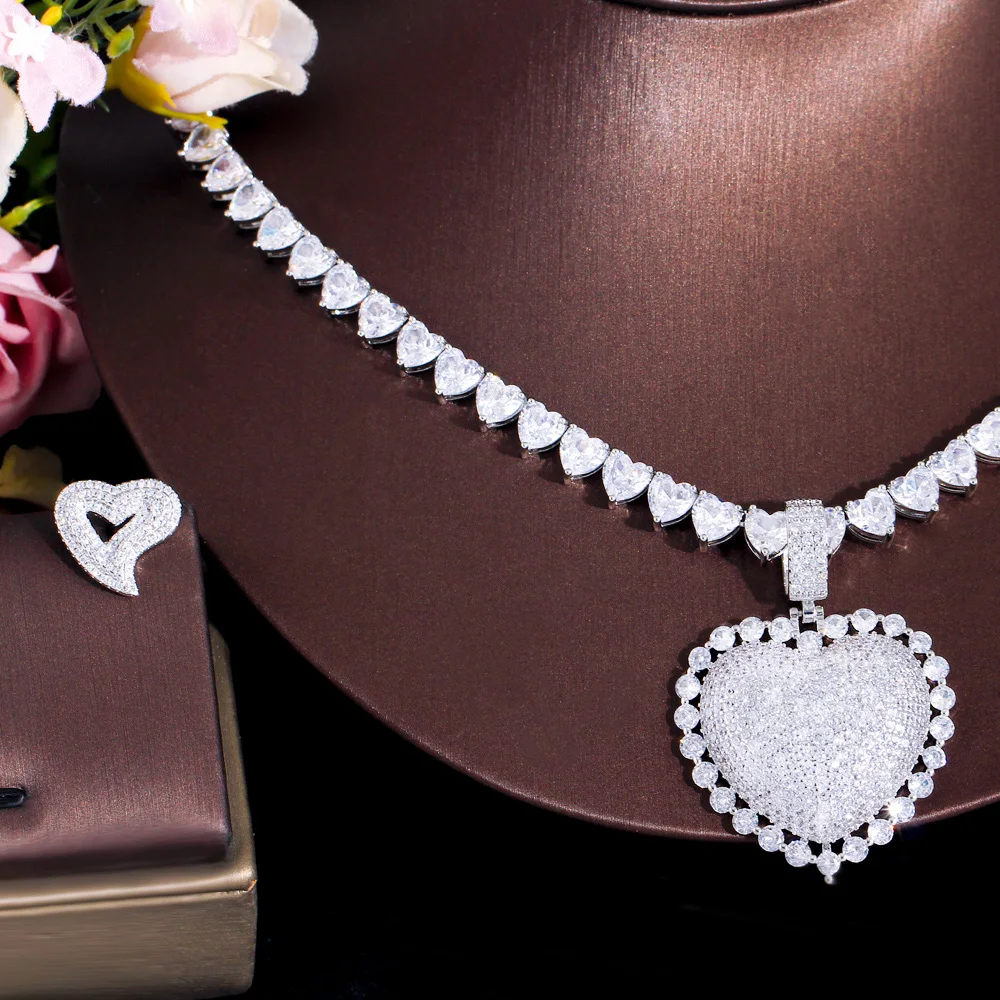 CWWZircons Bling Heart Shape Iced Out Cubic Zirconia Tennis Chain Necklace Earrings Trendy Party Jewelry Sets for Women T712