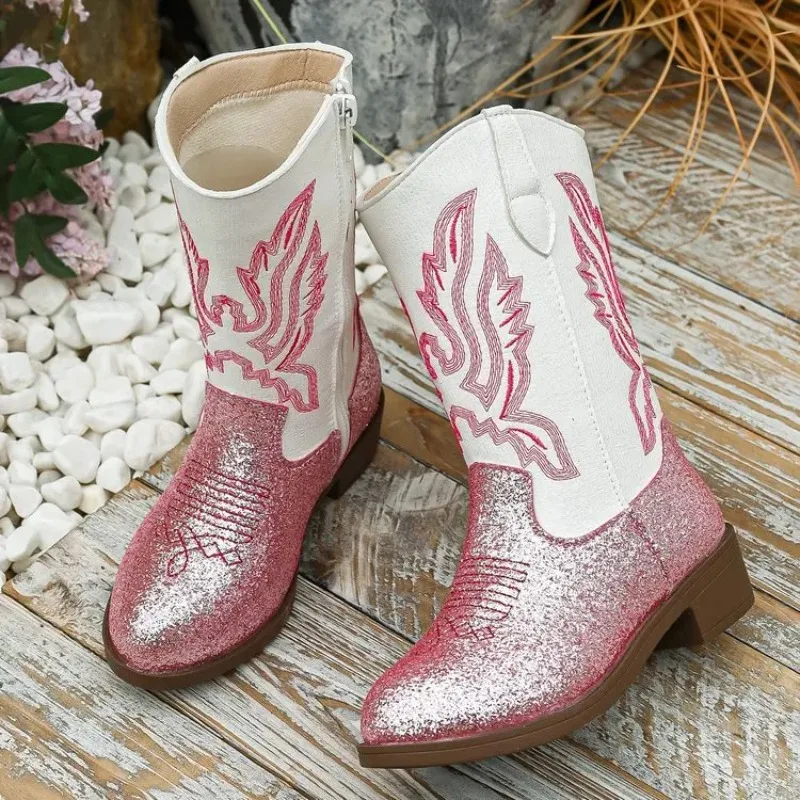 Children's Embroidered Color Matching Design Small Leather Boots Spring and Autumn New Girls Large Size Non-slip Fashion Boots