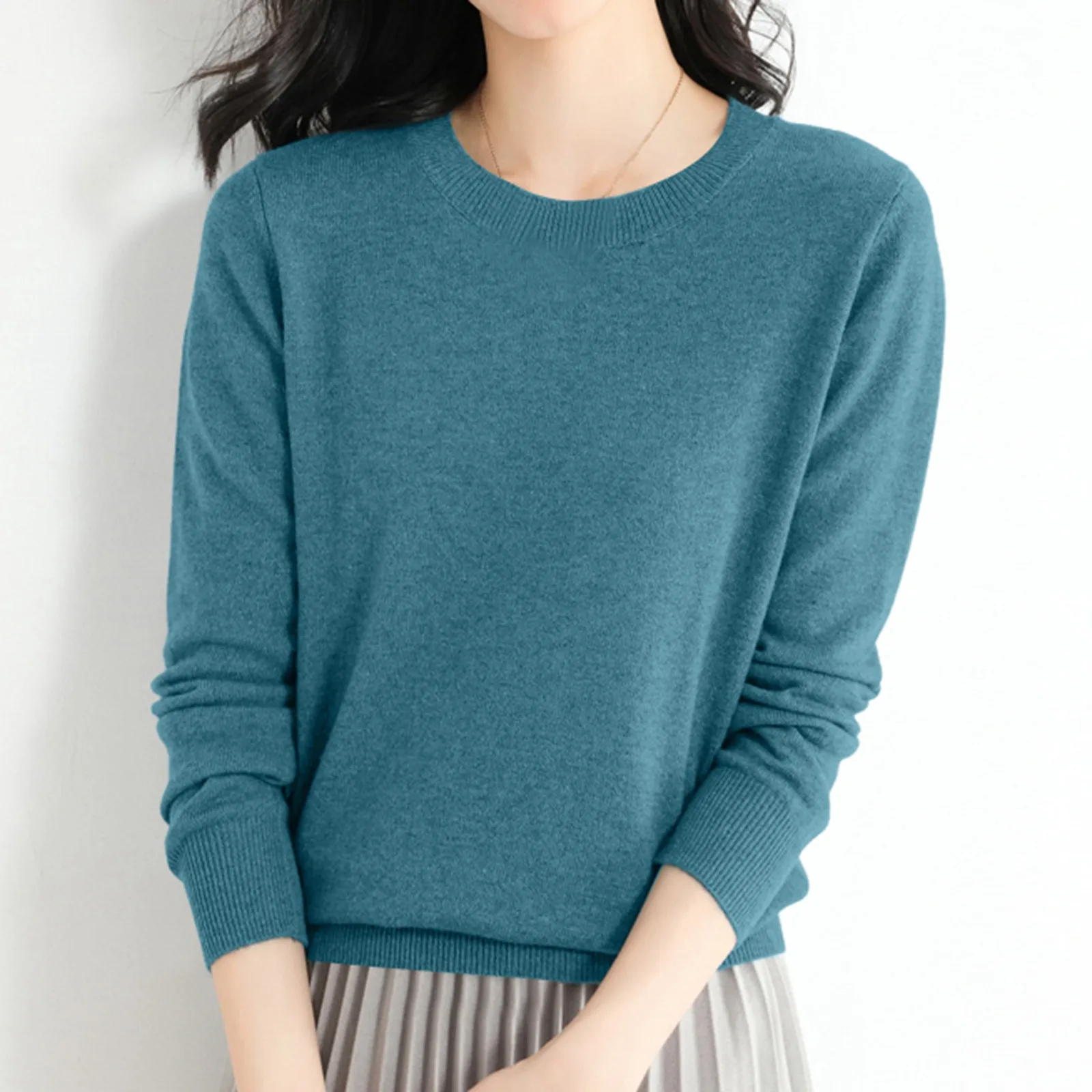 Women's Solid Color Knit Sweater Autumn And Winter Crew Neck Long Sleeve Base Sweater Simple Casual All Match Pullover 2024 New