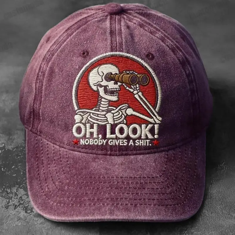 Embroidered Letters Baseball Cap Skeleton Design Adjustable Strap Lightweight Cotton Casual Sporty Headwear 
