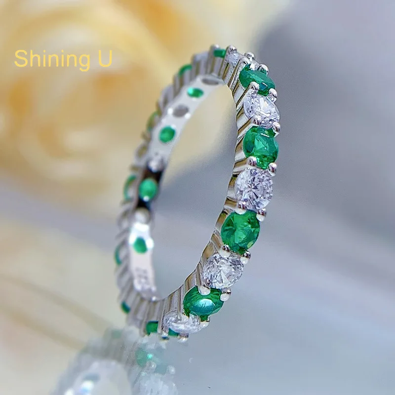 

Shining U S925 Silver Full Green Zircon Gems Ring for Women Fine Jewelry Anniversary Spring