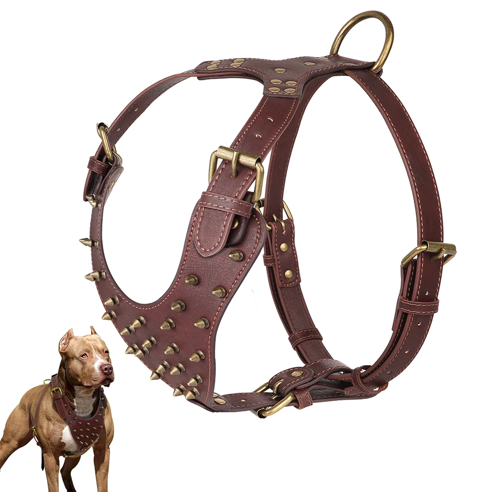 PU Leather Big Dog Harness Spiked Studded Dog Harnesses Riveted Pet Pitbull Labrador Training Vest Durable For Medium Large Dogs