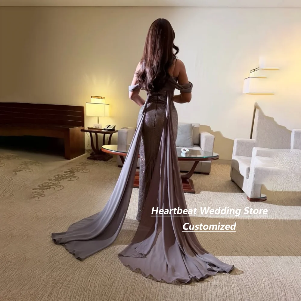 Customized Purple Sequin Mermaid Mother of the Bride Dresses Off Shoulder Chiffon Cape Train Ruched Bodice Formal Party Dress