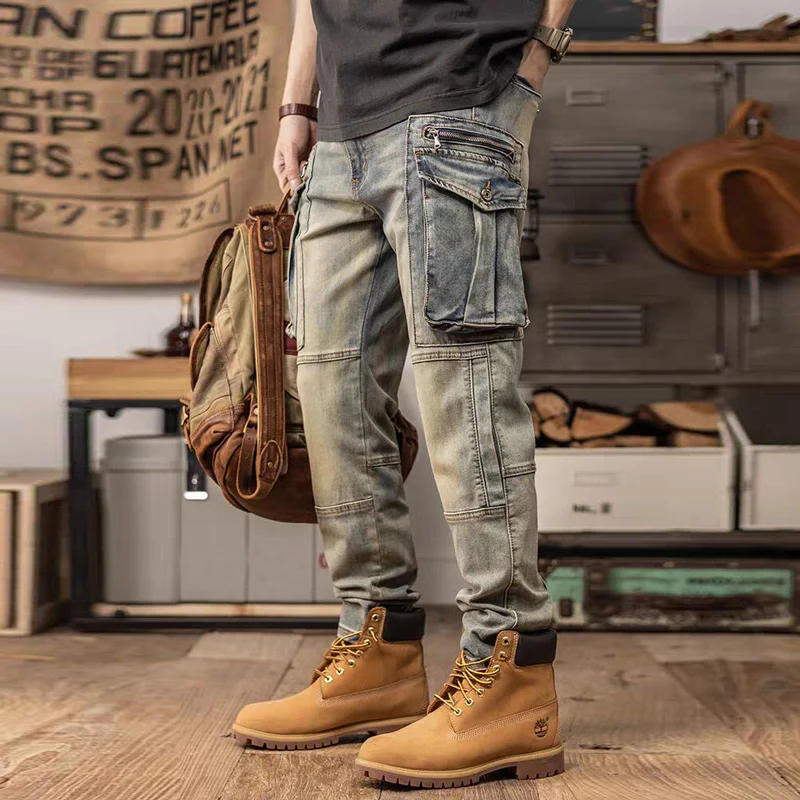 Pantalones vaqueros Retro lavados para Hombre, Jeans elásticos ajustados con bolsillo, pantalones Cargo de diseñador, estilo Hip Hop, para motorista