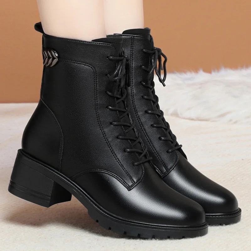 Autumn Winter Women Thick Heel Soft Leather Boots Thick Wool Warm High-heeled Boot Velvet Warm Snow Short Boots