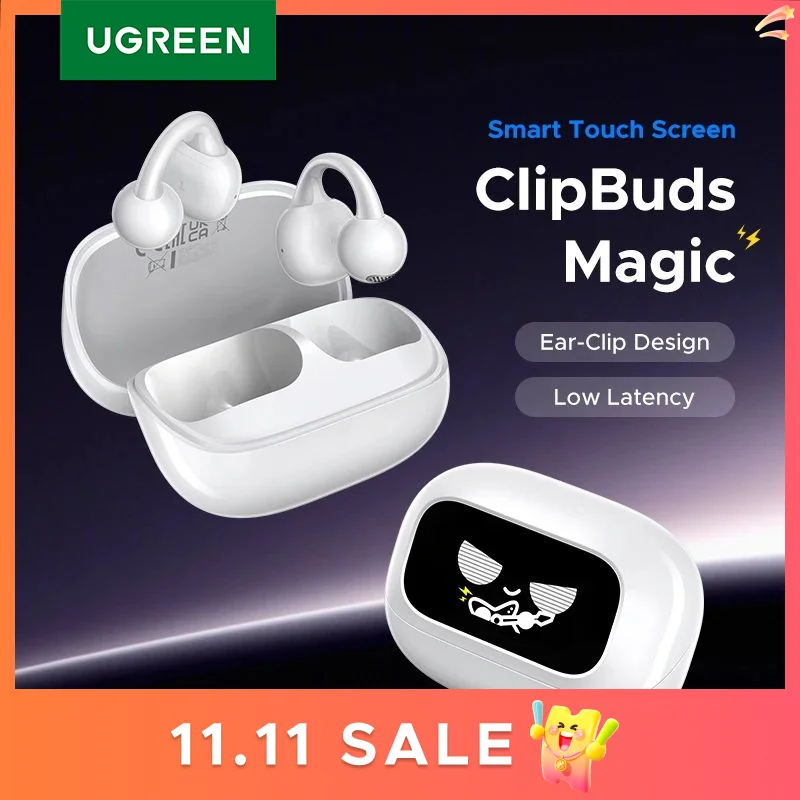UGREEN-Écouteurs sans fil Bluetooth TWS, oreillettes à clip ouvert, casque d'écoute, avec écran intelligent LCD complet des documents, appel AI, suppression du bruit