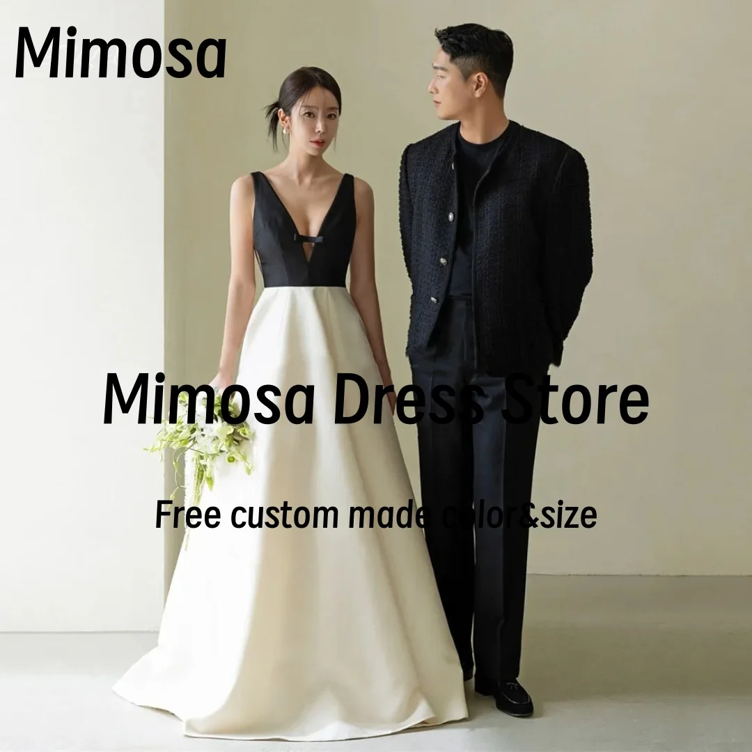 

Mimosa Plunging V Neck Prom Dresses 2025 Contrast Color Evening Gowns Satin A Line Korea Bride Wedding Party Dress Customized