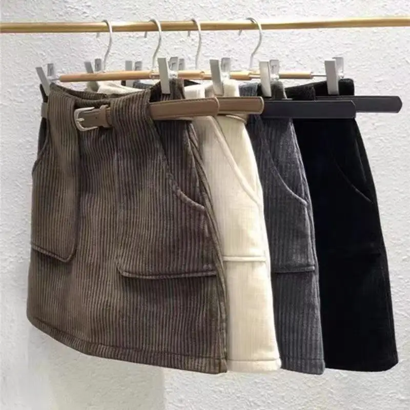 

2026 New Winter Girls Corduroy Fleece Lined Skirt Big Pockets Elastic Waist A-Line Bodycon Tween Skirt for 100-170cm