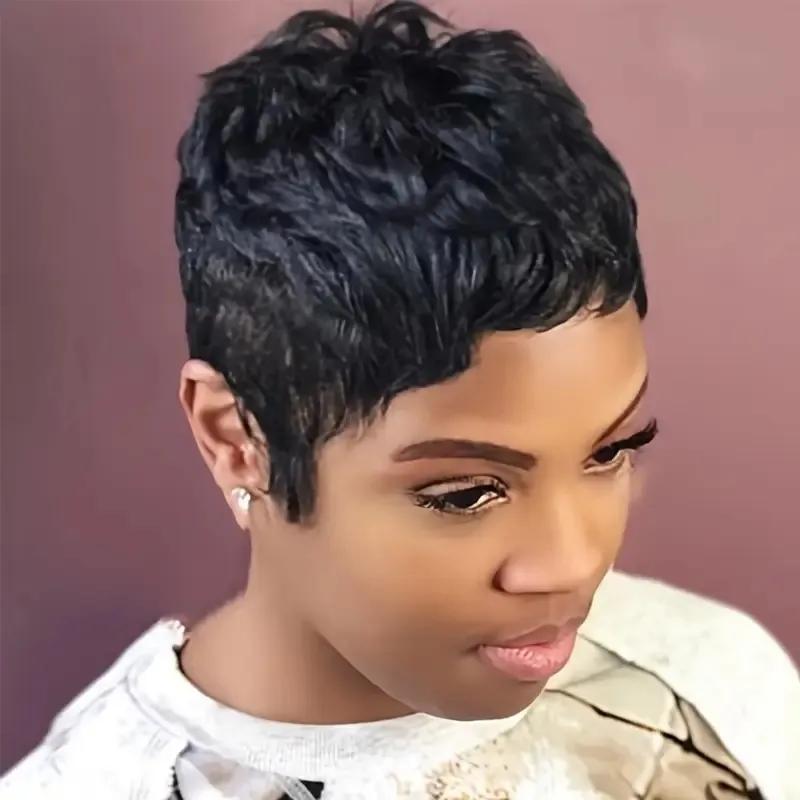 짧은 브라질리언 스트레이트 인모 레이어드 풀 머신 메이드 픽시 가발 (앞머리 포함) 여성용