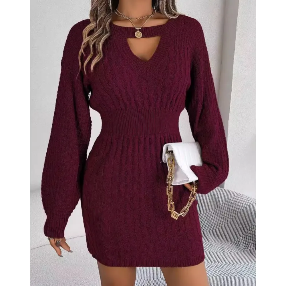 Autumn And Winter Solid Women's Knitted Fried Dough Twists Hollow Round Neck Pullover Lantern Sleeve Sexy Wrap Hip Wool Dress