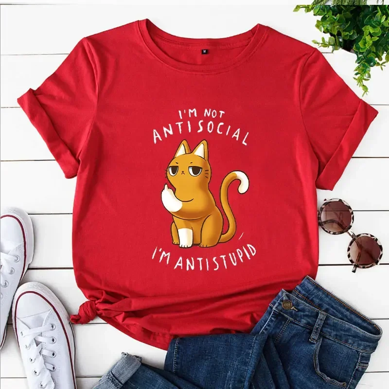 Camisetas casuais senhoras eu não sou antisocial eu sou antistupido tendência estética verão roupas femininas tshirt topos feminino gato dos desenhos animados tshirt