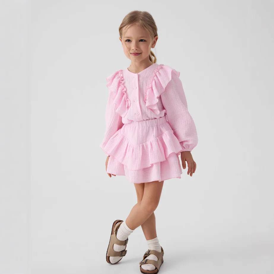 

2025 Russian Girls Spring and Autumn Cotton Flying Shoulder Sleeve Shirt Lace Half Skirt British Children Two Piece Set