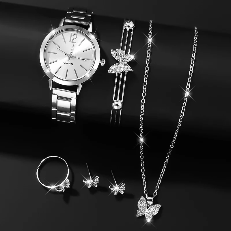 Women Quartz Watch Jewelry Set, Butterfly Rhinestone Bracelet+Necklace+Ring+Earrings, Alloy Band Watch Gift Set, No Box