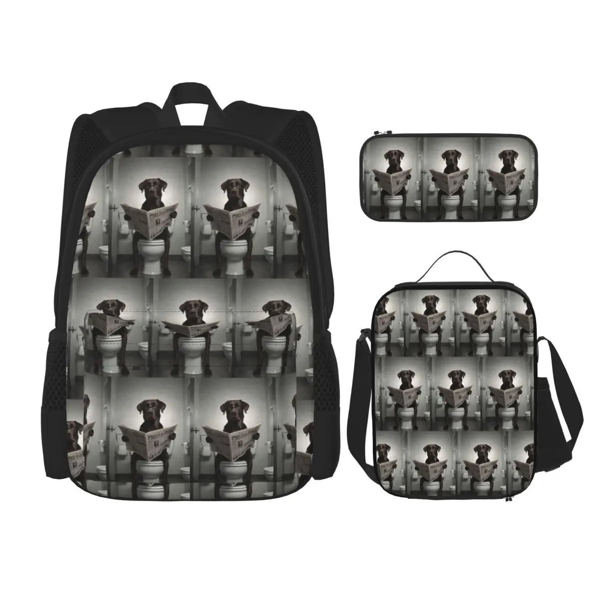 Chocolate Labrador Reading A Newspaper Backpacks Kids Bookbag School Bags Rucksack Lunch Bag Pen Bag Three-Piece Set