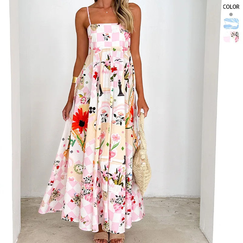 

Summer Women's Dress Printed Sleeveless Suspender Sexy Loose and Comfortable Beach Vacation Sundress Long Dresses vestido