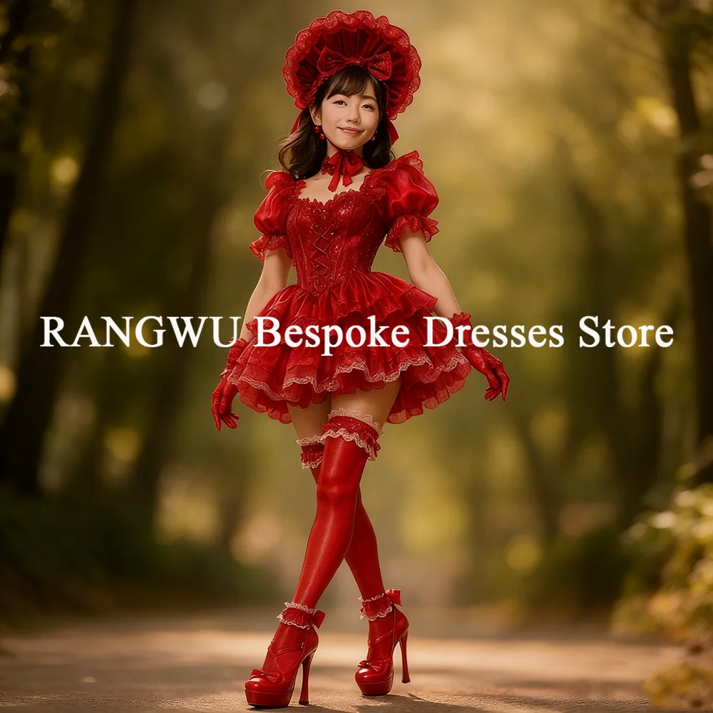 

Red Lace Prom Dresses 2025 Skort Sleeves Lolita Cosplay Evening Dress Mini Short Cocktail Gothic Formal Gown Customized