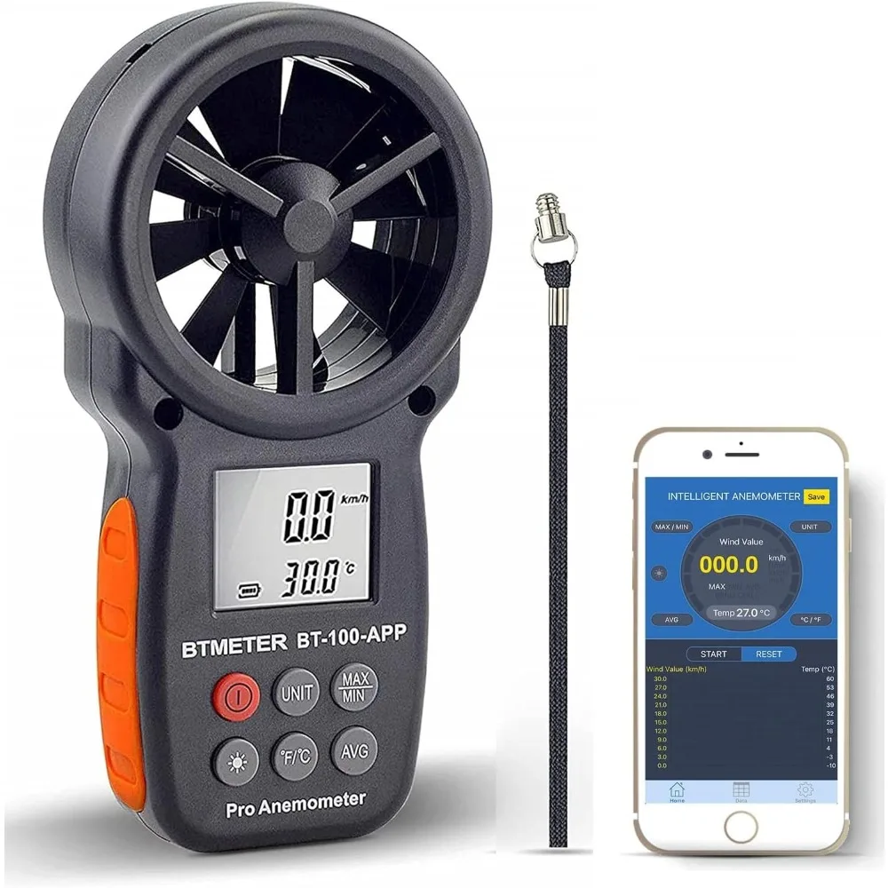 

BT-100APP Anemometer w/Wireless Bluetooth, Digital Handheld Wind Speed Meter for Wind Chill, Air Velocity, Temperature, Vane An
