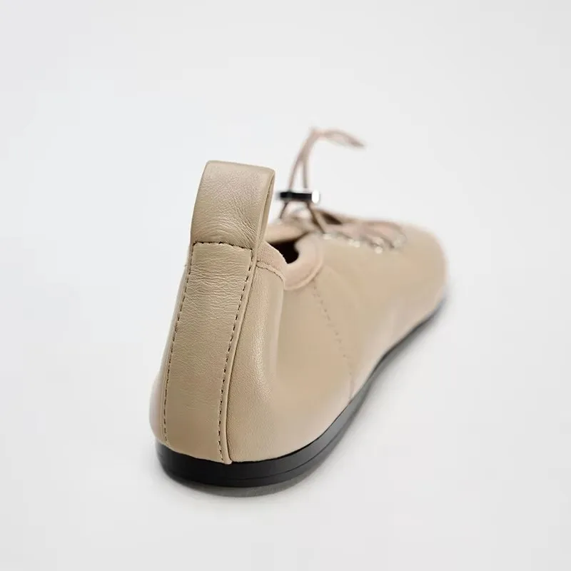 TRAF-zapatos planos estilo Ballet Retro para mujer, calzado de punta redonda, boca poco profunda, fondo suave, cuero, elegante, cuerda elástica, Mary Jane