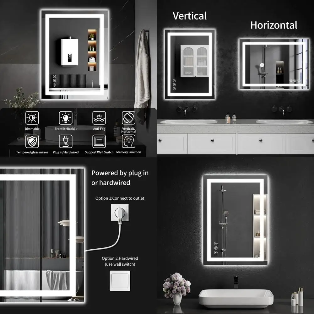 

Dimmable 20x28 LED-Illuminated Bathroom Mirror, Anti-Fog, Tempered Glass, Vanity or Wall Mount, Backlit and Front Lit, Memory Fu
