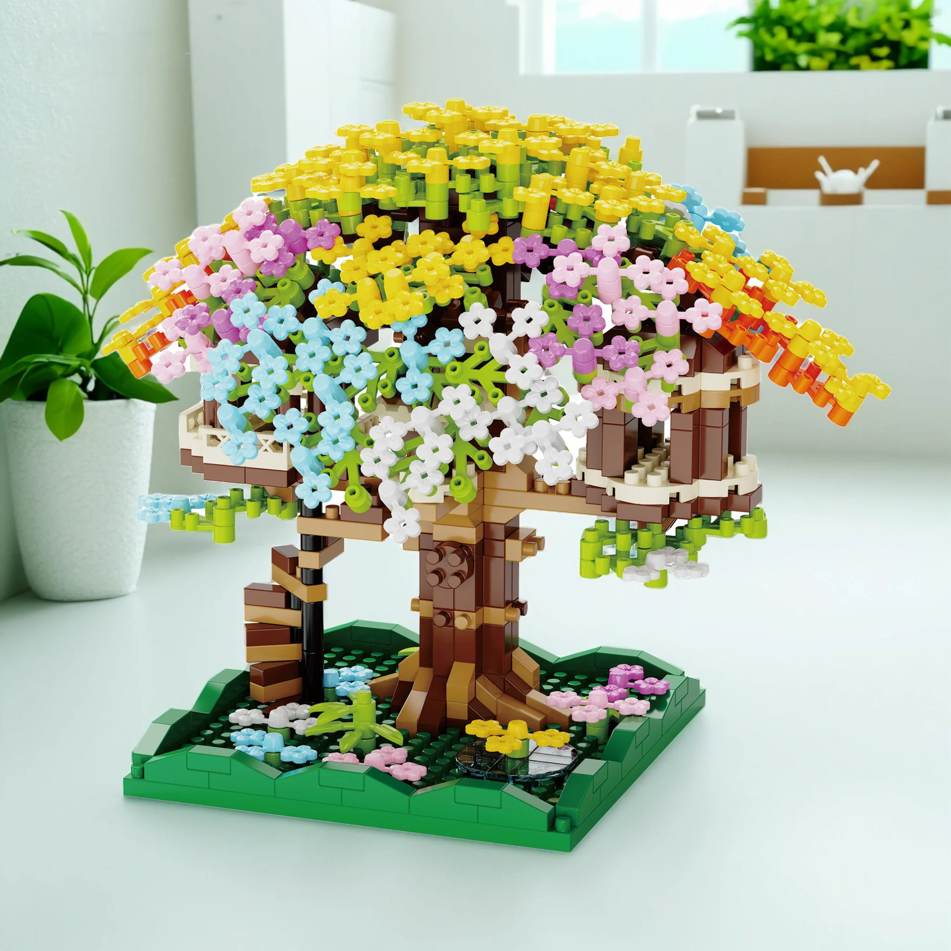 MOC-casa de flor de cerezo, modelo de bloques de construcción, rompecabezas, artículo de decoración, ladrillos de árbol de arcoíris, rompecabezas, juguete DIY, regalo para niños
