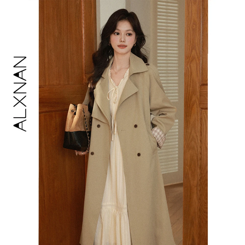 ALXNAN Khaki Trench Coat for Women Autumn New Unique Versatile Commuter Long Jacket 2026 Fashion Loose-fit Windbreaker L680322