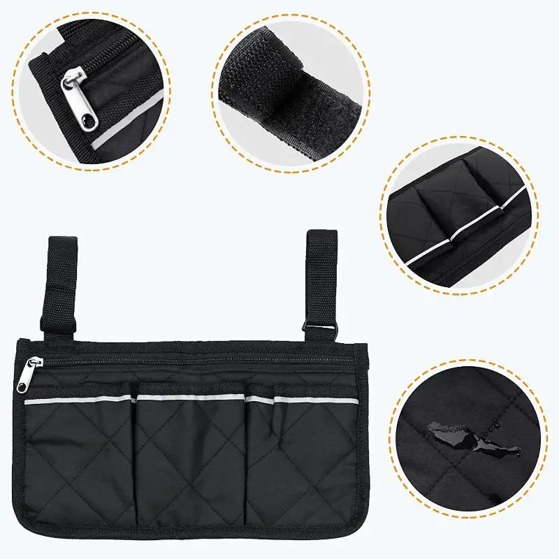 Multifunktionale Rollstuhl-Seitenarmlehnen-Tasche mit Reflektorstreifen, Tragbare Polyester-Aufbewahrungstasche für den Haushalt – Detail 5