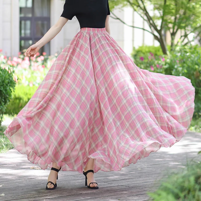 2025 Summer Pink Checkered Chiffon Women's Long Skirt