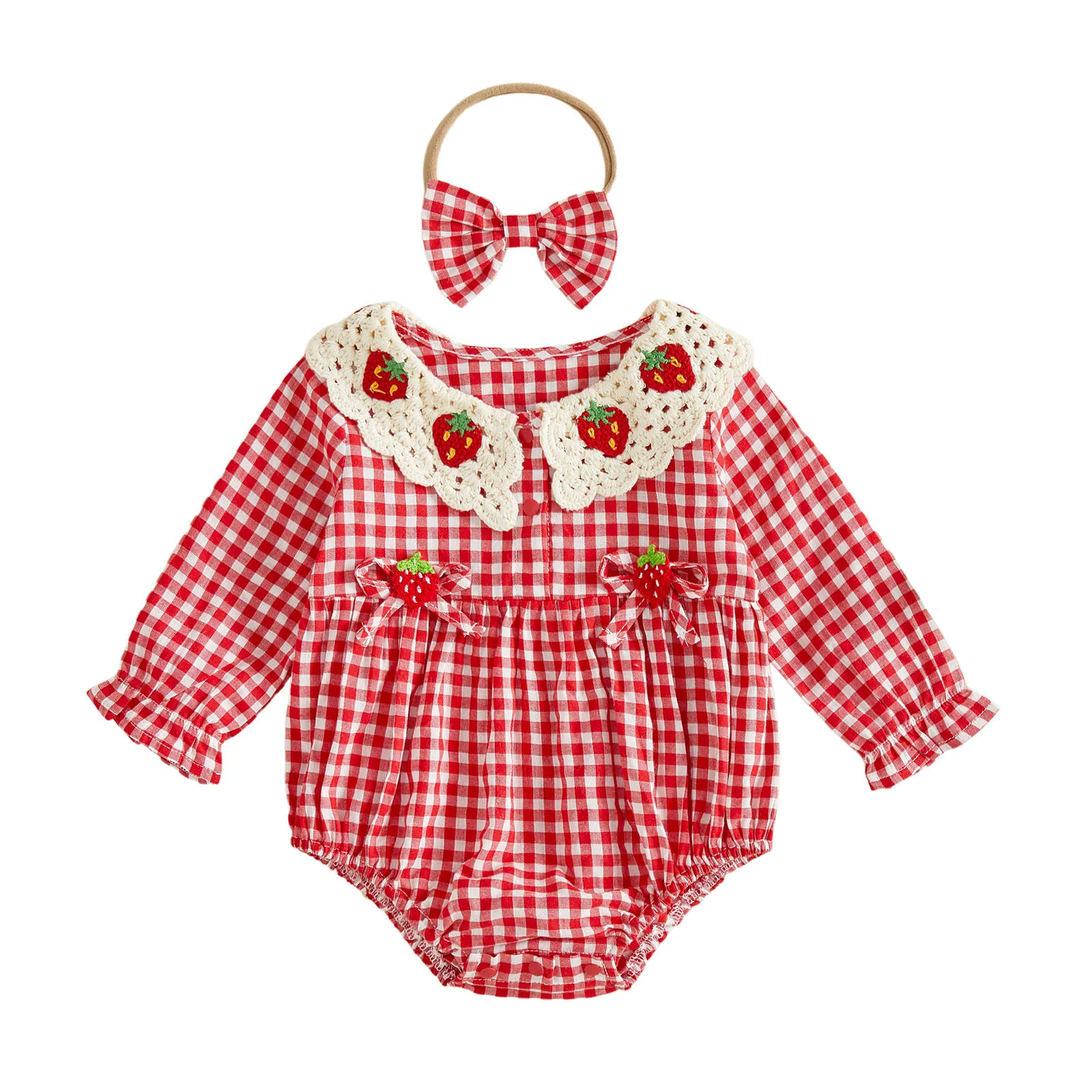 Baby Girl Autumn Plaid Romper Long Sleeve Doll Collar Bodysuit Headband